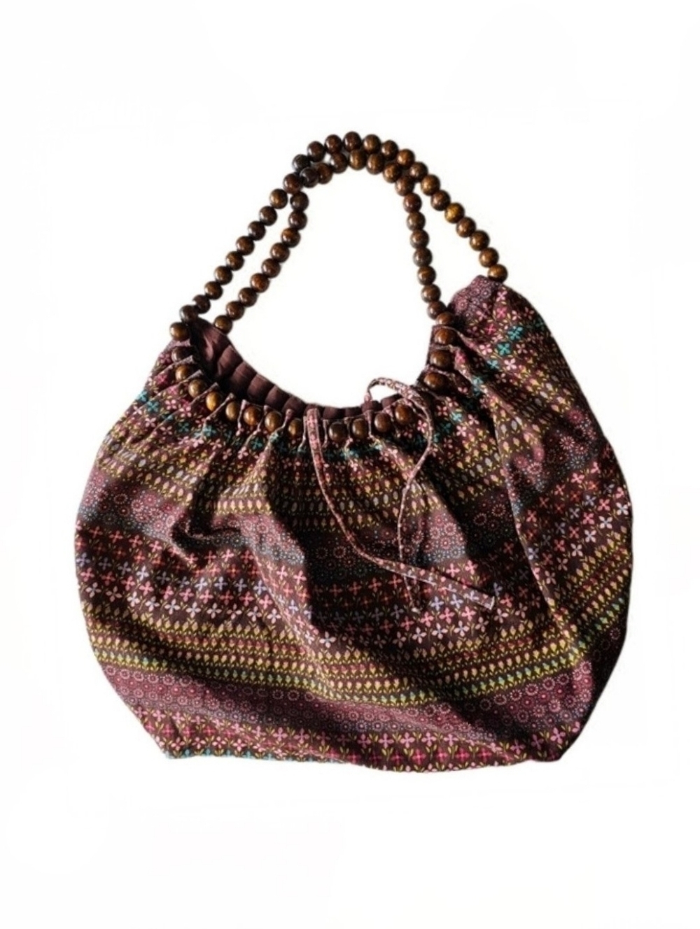 Bohemian Hippie Hobo Beaded Handle Brown Floral Patterned Whimsical Bag